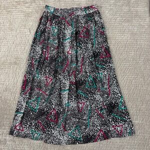 Vintage Greenwich Square 80s Geometric Neon Midi Skirt Black White Rayon 11-12